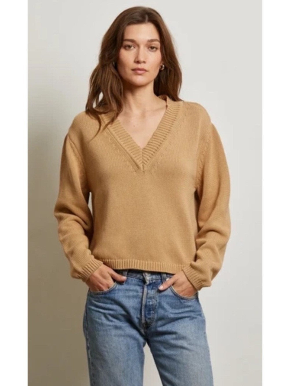 perfectwhitetee addie cotton v neck sweater 100% cotton in suede camel XL